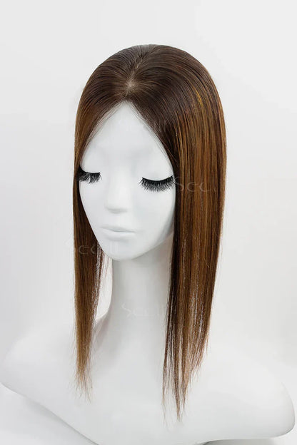 Flavia Silk Top Remy Human Hair Topper Medium Brown Root with Medium Brown/Peru #TP4/Peru