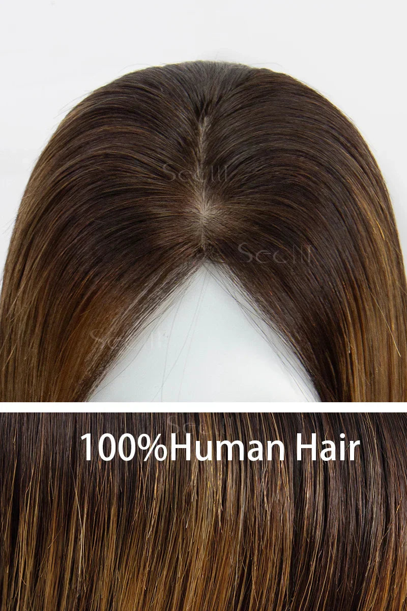 Flavia Silk Top Remy Human Hair Topper Medium Brown Root with Medium Brown/Peru #TP4/Peru