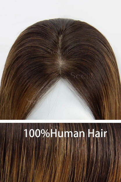 Flavia Silk Top Remy Human Hair Topper Medium Brown Root with Medium Brown/Peru #TP4/Peru