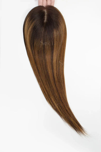 Flavia Silk Top Remy Human Hair Topper Medium Brown Root with Medium Brown/Peru #TP4/Peru